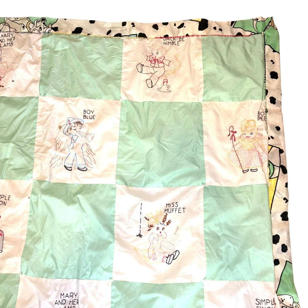 Vtg Nursery Rhyme Embroidered Quilt Reversible 101 Dalmatians Baby Blanket
